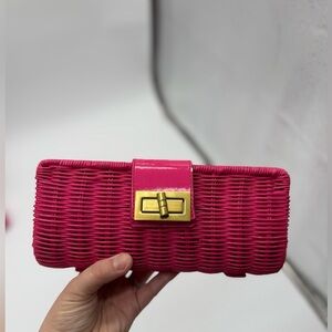J. Crew Havana Lovely Bright Pink Rattan Boho Clutch With Gold Accents NWT